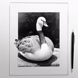 a black and white photo of a swan next to a pen