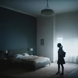 a young girl is standing in a dark room by a bed