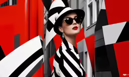 a woman wearing sunglasses and a hat is posing next to colorful art