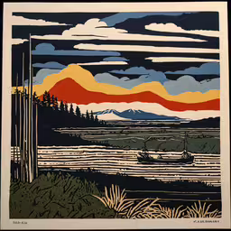 a picture with an orange and blue sunset,a picture of a large body of water
