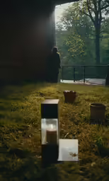 an open door in a grassy field with two people and containers