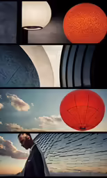 a series of photos, a red sphere above two men, and three white balls