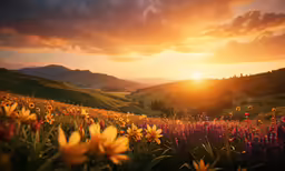 flowers are blooming in the meadow and sun setting
