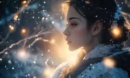 young woman standing in front of falling snow