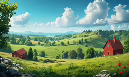 a painting of a countryside with red barns and trees