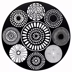 a circle with abstract designs made out of black and white paper,a black and white circle with circles in the middle