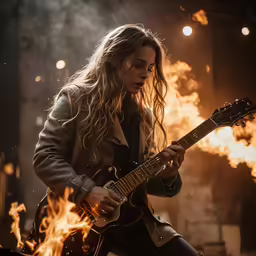 a man playing an electric guitar in front of a fire
