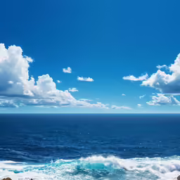 an ocean view with waves crashing on a rocky shore