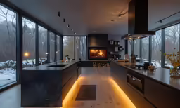 this kitchen has dark counter tops and is lighted up by light coming from the windows