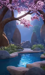 an animated scene of a waterfall with pink flowers and trees next to it