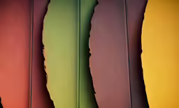 a number of different colored papers with some torn paper