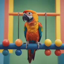 colorful bird perched on blue pipe against multi - colored background