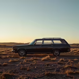 a black car in the middle of a dirt field