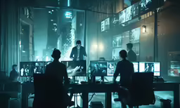 people sitting around a table with multiple computer monitors