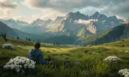 a man in the mountains with some flowers