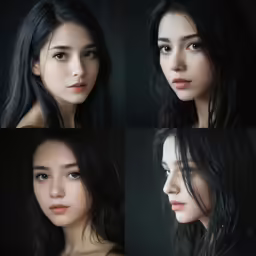 four different pictures of a young woman