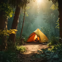 a yellow tent with the sun peeking through the trees on a trail,a camping tent in a forest with sunbeams shining through