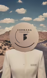 a woman standing on a desert road with a circular object over her head