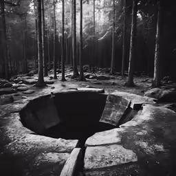 an empty pit sits in the middle of the forest