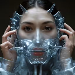 a woman holding a plastic model behind her head
