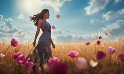 a woman standing in the middle of a field