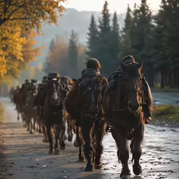 a lot of horses and their riders riding down the road