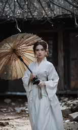 a woman dressed in traditional clothing carrying an umbrella