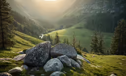 rocky area with grass and rocks in foreground near mountains