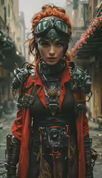a woman with long red hair in a leather and metal outfit