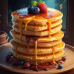 a stack of pancakes with syrup and fruit on the top