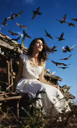 a girl wearing a white dress near many birds in the air
