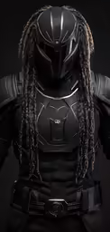 a costume worn in black with dread locks and a helmet on it