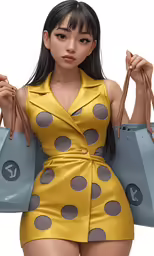 a girl in polka dots wearing a yellow dress holding three small bags