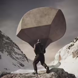 a man standing on top of a rock in the snow