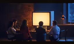 people are sitting around a table with wine glasses