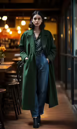 a person standing by the bar wearing a green coat