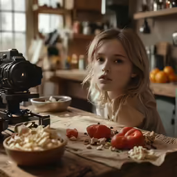 young girl is sitting at the table with a camera near her