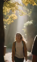 a woman walking down a dirt road under a tree