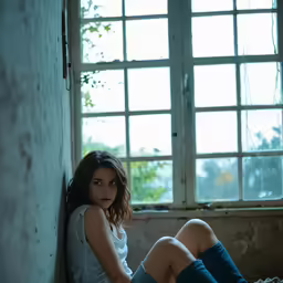 a woman sits on the floor near an open window