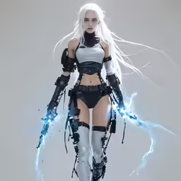 a young woman dressed in silver has some lights behind her