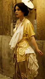 an asian woman in a white hat is walking down the street
