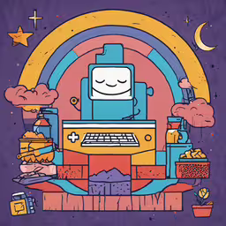 the robot is sitting on top of a large keyboard,a cartoon style picture of a computer on top of a pile of trash