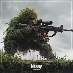 a character in mossy outfits holding a rifle