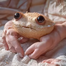 a person holds up an odd looking creature in their hands
