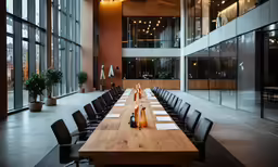 long tables are set with black chairs and wooden accents