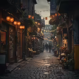 two people walk down an old city street