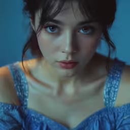 a woman with dark makeup wearing blue