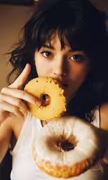 young woman eating donut in large white tank top