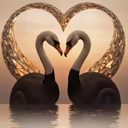 two swans touching noses, surrounded by a heart made of bamboo