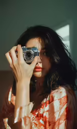 a woman is taking a picture with a camera